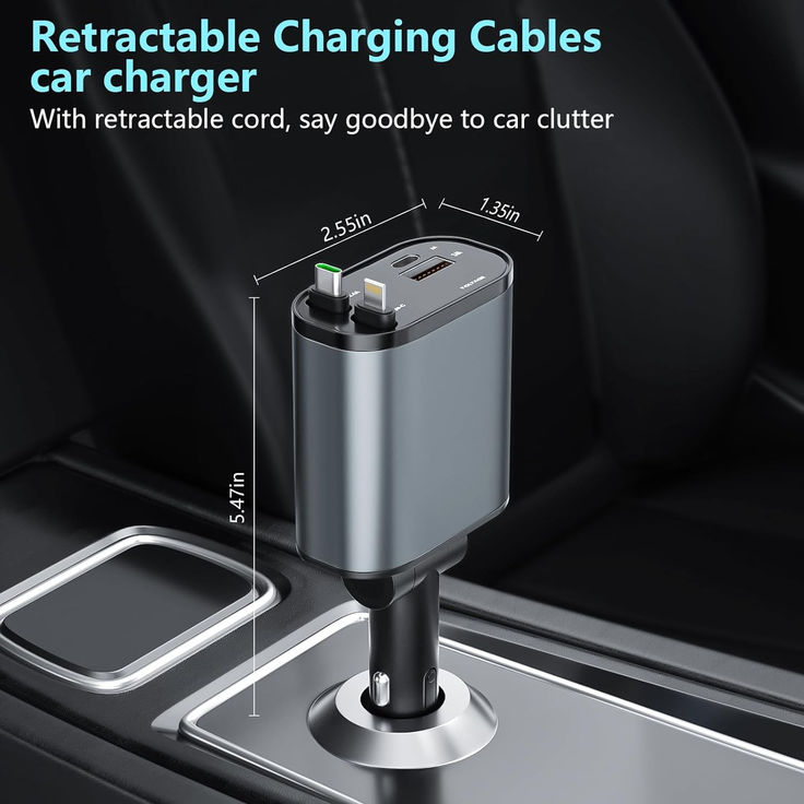 120W 4 in 1 Retractable Car Charger,Super Fast Charge Car Phone Charger,Retractable Cables & 2 USB Ports Car Adapter for Android Phones & iPhone 16/15/14/13/12/11 Pro Max,Xr,Ipad,Pixel