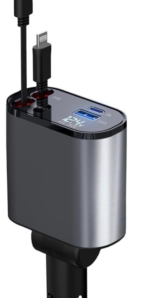 120W 4 in 1 Retractable Car Charger,Super Fast Charge Car Phone Charger,Retractable Cables & 2 USB Ports Car Adapter for Android Phones & iPhone 16/15/14/13/12/11 Pro Max,Xr,Ipad,Pixel