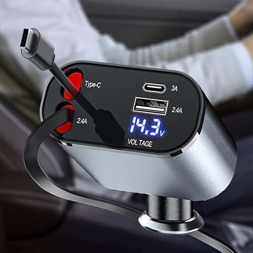 120W 4 in 1 Retractable Car Charger,Super Fast Charge Car Phone Charger,Retractable Cables & 2 USB Ports Car Adapter for Android Phones & iPhone 16/15/14/13/12/11 Pro Max,Xr,Ipad,Pixel