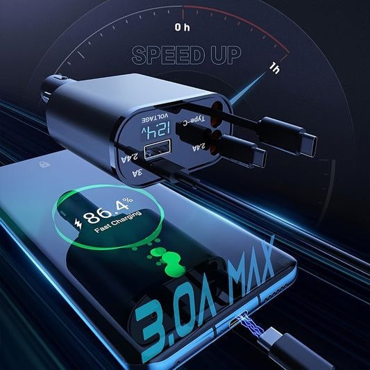 120W 4 in 1 Retractable Car Charger,Super Fast Charge Car Phone Charger,Retractable Cables & 2 USB Ports Car Adapter for Android Phones & iPhone 16/15/14/13/12/11 Pro Max,Xr,Ipad,Pixel